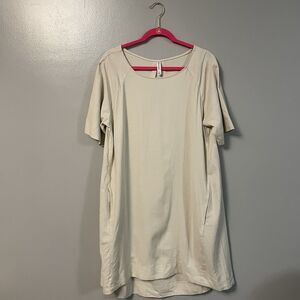 Zenana Beige Linen Rayon Shift Dress Short Sleeve Knee Length Size L pockets
